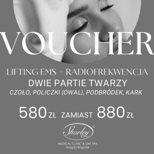 Lifting EMS + RF - 2 partie w cenie 580 zł (zamiast 880 zł).  Do wyboru: owal twarzy, czoło, okolice oczu, podbródek, kark.